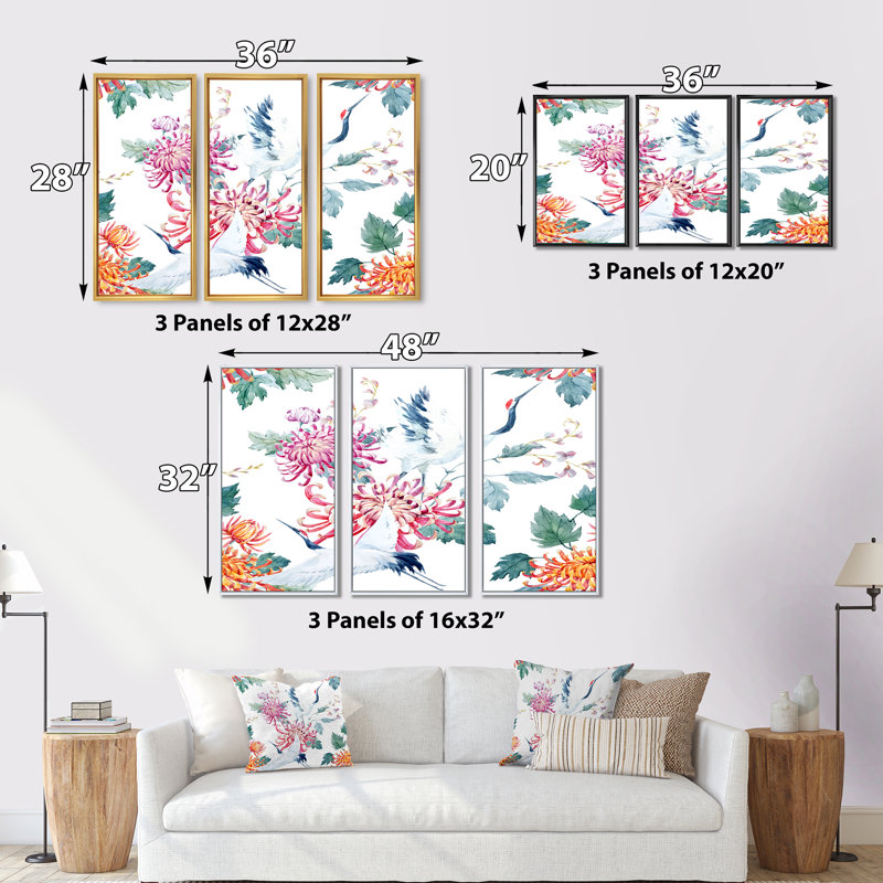 Oiseau grue avec fleurs - 3 pièces, reproduction sur toile, H 32 po x l 48 po x P 1 po, Cadre blanc