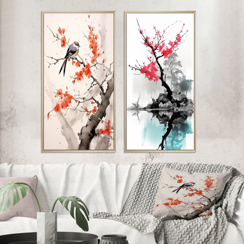Asian Art Sumi Bird Serenity - ensemble de 2 reproductions, Encadrement brun, H 20 po x l 24 po