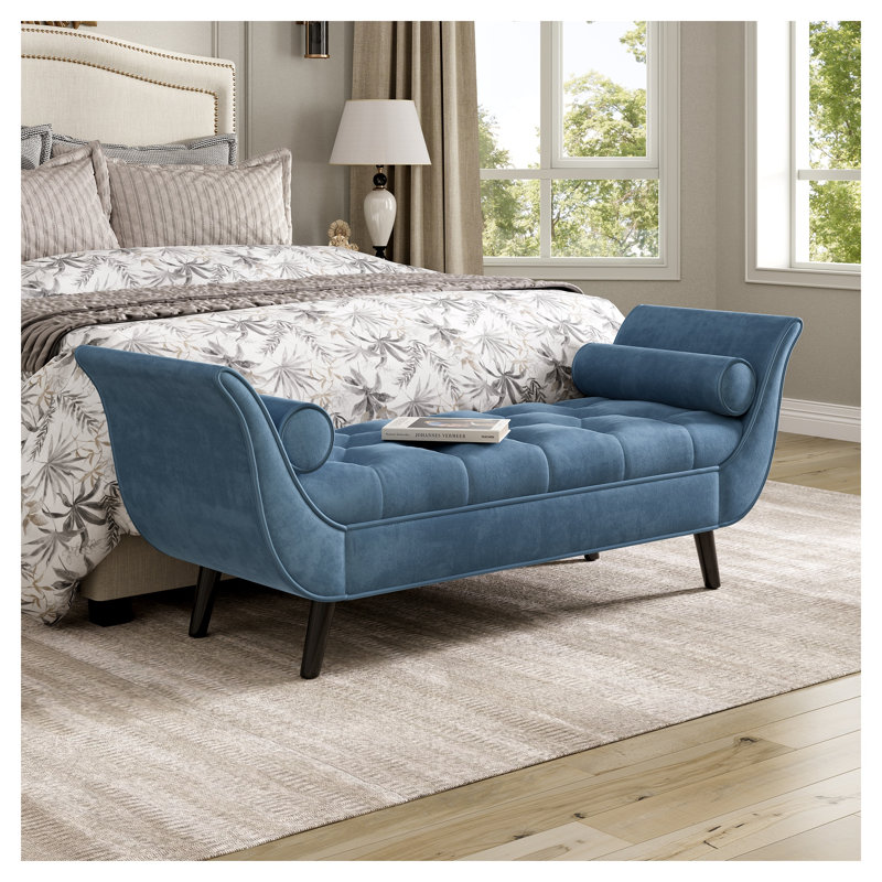 Banc de lit rembourré en velours avec 2 coussins, bleu, Blue, Dark Brown Wood