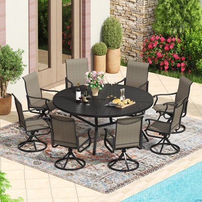 Round Outdoor Dining Set with 60" Metal Dining Table and 8 Textilene Swivel Dining Set by Red Barrel Studio
