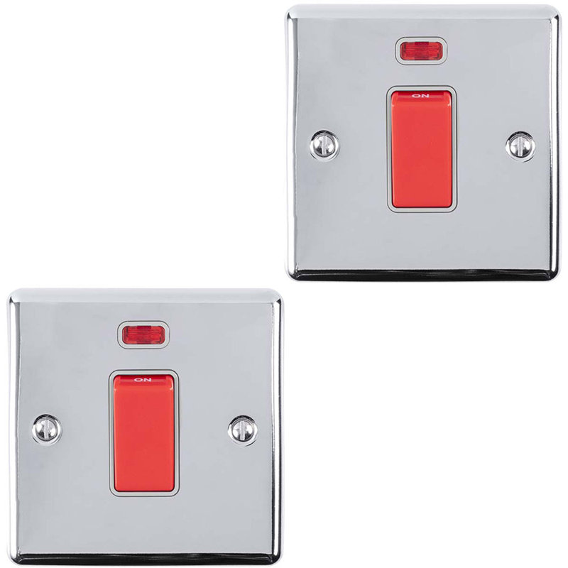2 PACK 45A DP Oven Switch & Neon Appliance Light CHROME & White Trim, Polished Chrome, Silver