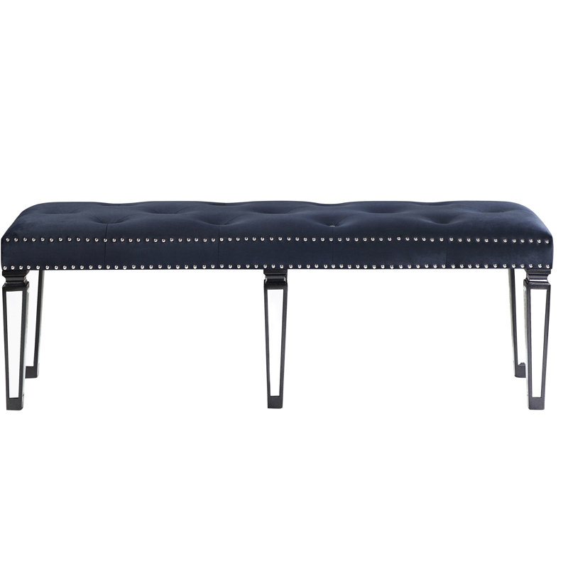 Dark Navy Velvet Bench With Mirrored Leg Inlays For Bedroom Grace And Allure Intrigue