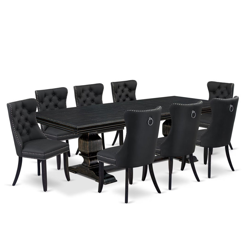 9 Pieces Dining Table Set Includes a Rectangle Table and 8 Dark Gray Polyester fabric Dining Chairs, Sand Blasting Black