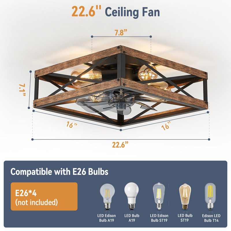 Cissline 16" Farmhouse Flush Mount Ceiling Fan with Remote & App Control and Light Kit