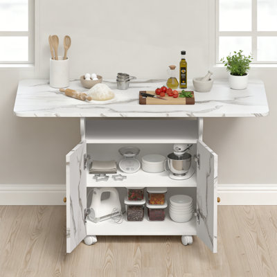 Modern Folding Dining Table kitchen island Kitchen cart with Marble Finish, Storage Cabinet and Locking Wheels by Ivy Bronx