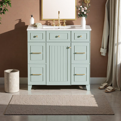 36" Green Bathroom Vanity With Ceramic Sink