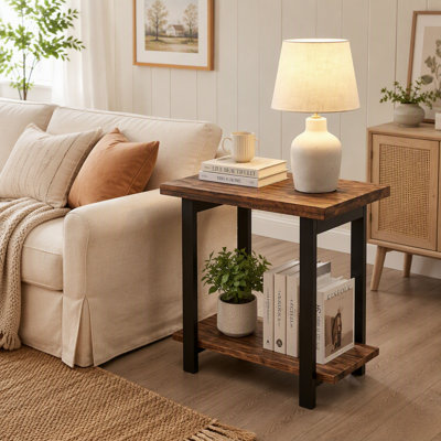 2-Tier Industrial End Table, Solid Wood Side Table with Distressed Pine Tabletop & Rubber Wood Legs, Farmhouse Storage Sofa Side Nightstand for Living Room Bedroom Entryway