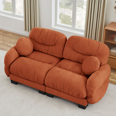 Canapé modulaire confortable à 2 places en tissu de chenille plissé avec siège ergonomique en mousse haute densité, accoudoirs arrondis arrondis et 2 coussins décoratifs ronds