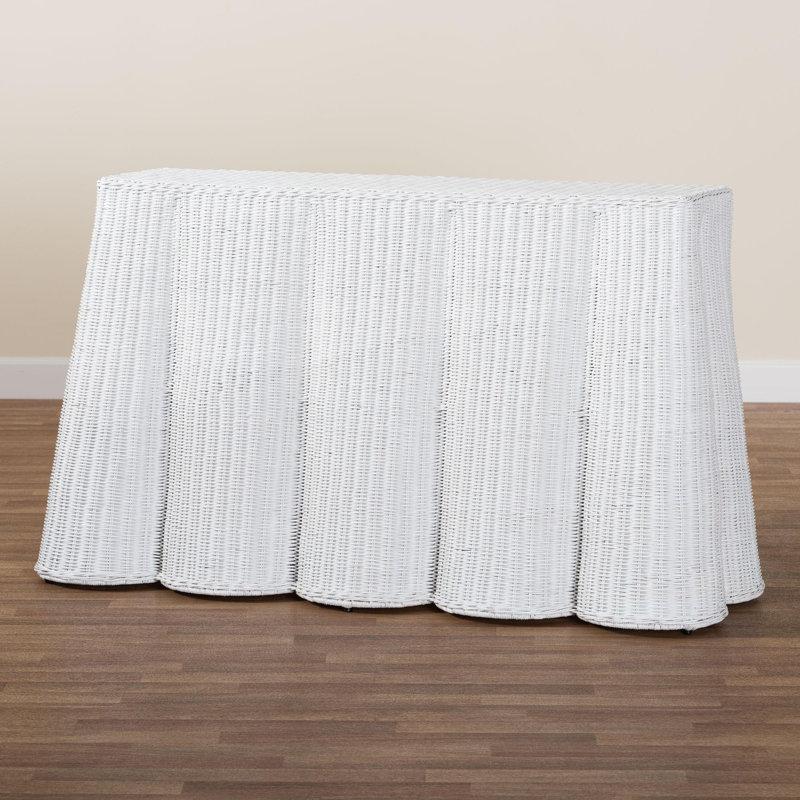 Brazley Bali & Pari Palm Bohemian Seafoam Scallop Rattan Console Table, White