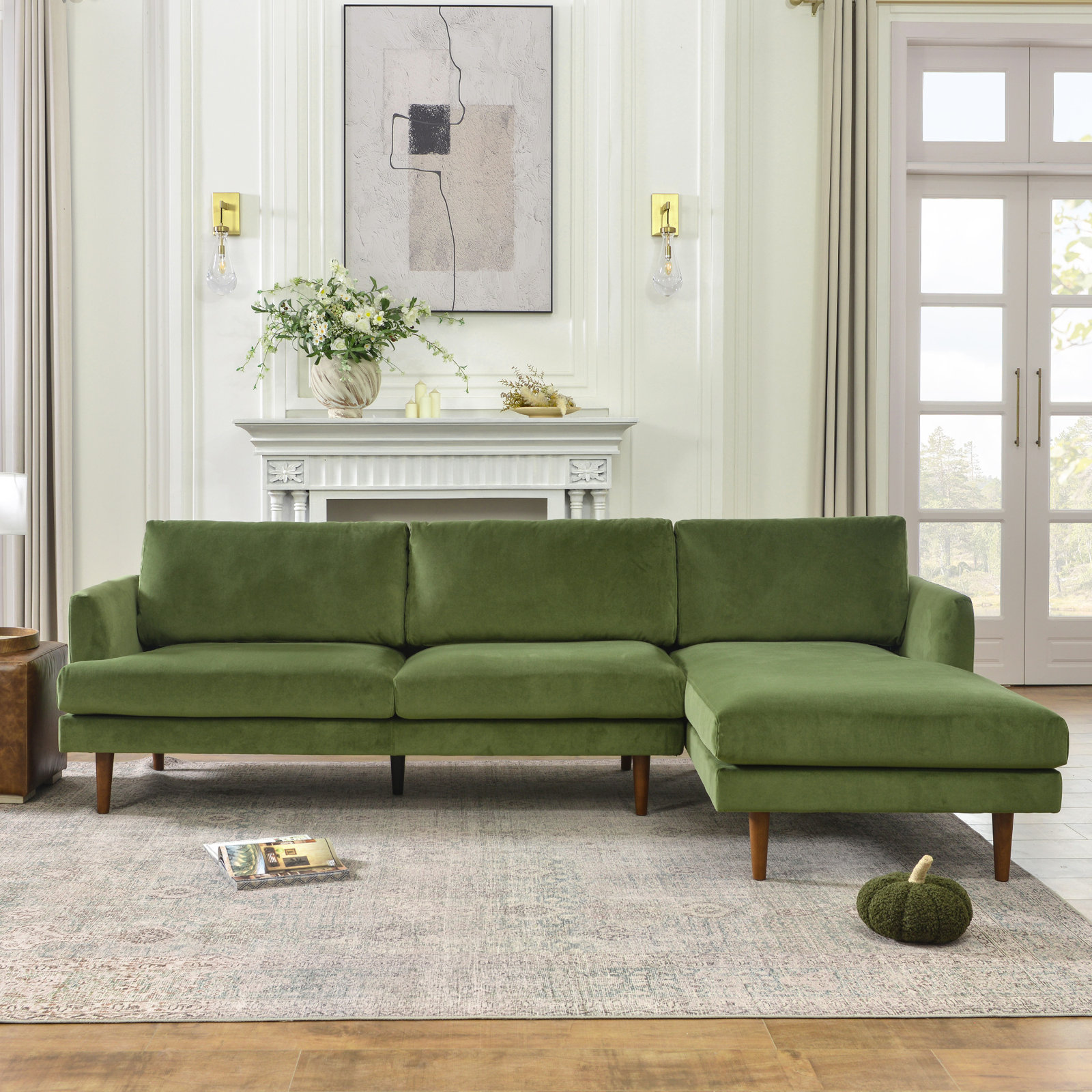Miller Sectional, Right Hand Facing, Olive Green Polyester Blend