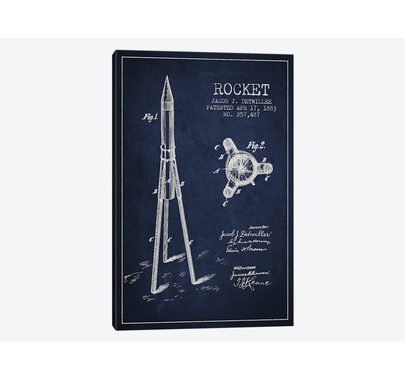 « jacob j. detwillee rocket, croquis brevet », reproduction d’impression sur toile en bleu marine, Pas de tapis, Toile tendue