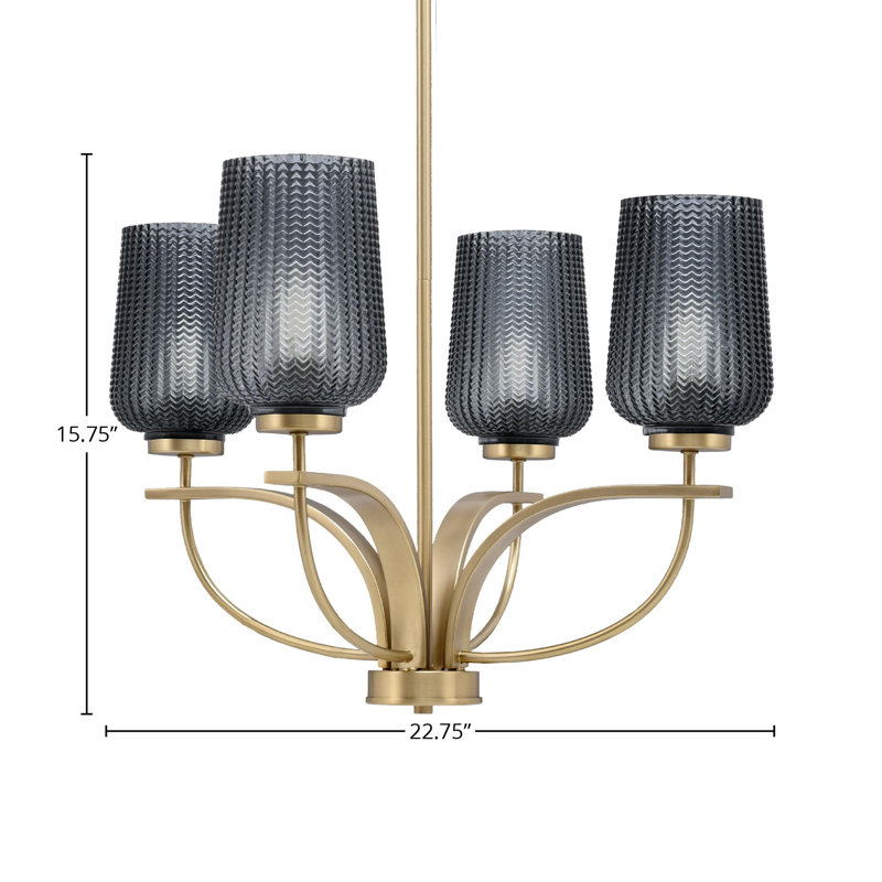 Lustre 4 lumières verticales Unia présenté en finition New Age avec verre texturé fumé de 5 po