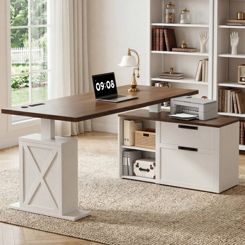 Bureau assis-debout en L de style campagnard de 170 cm avec station de recharge, bureau d'angle réglable en hauteur avec tiroirs de rangement