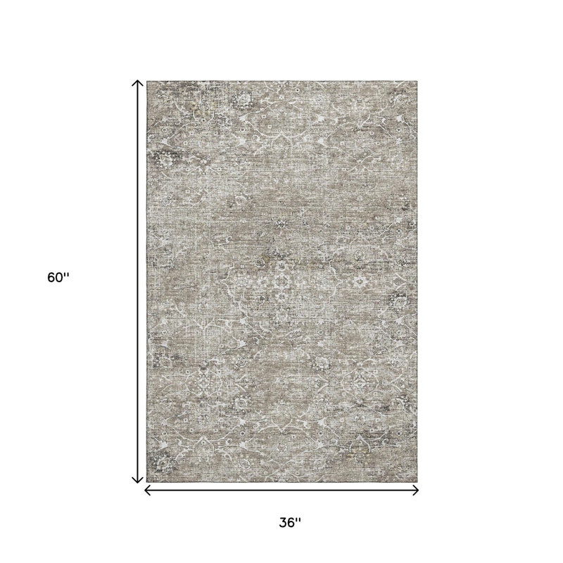 Tapis lavable délavé à motif de médaillon floral pierre et café 3 pi x 5 pi avec protection UV