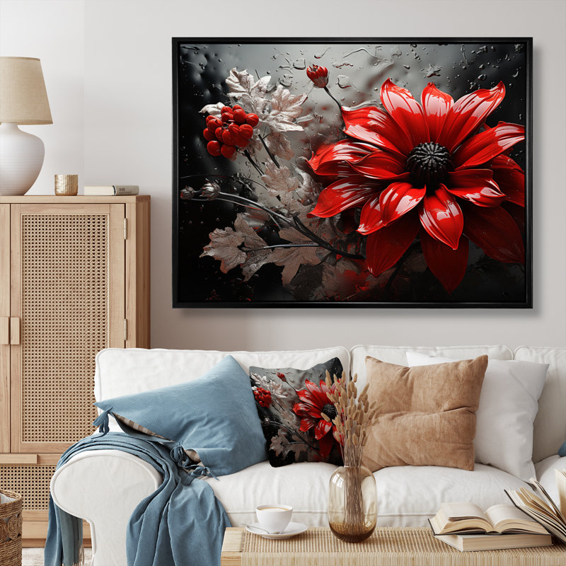 «Red Grey Botanical Symphony II», art mural botanique abstrait, Cadre flottant noir, H 12 po x l 20 po x P 1 po