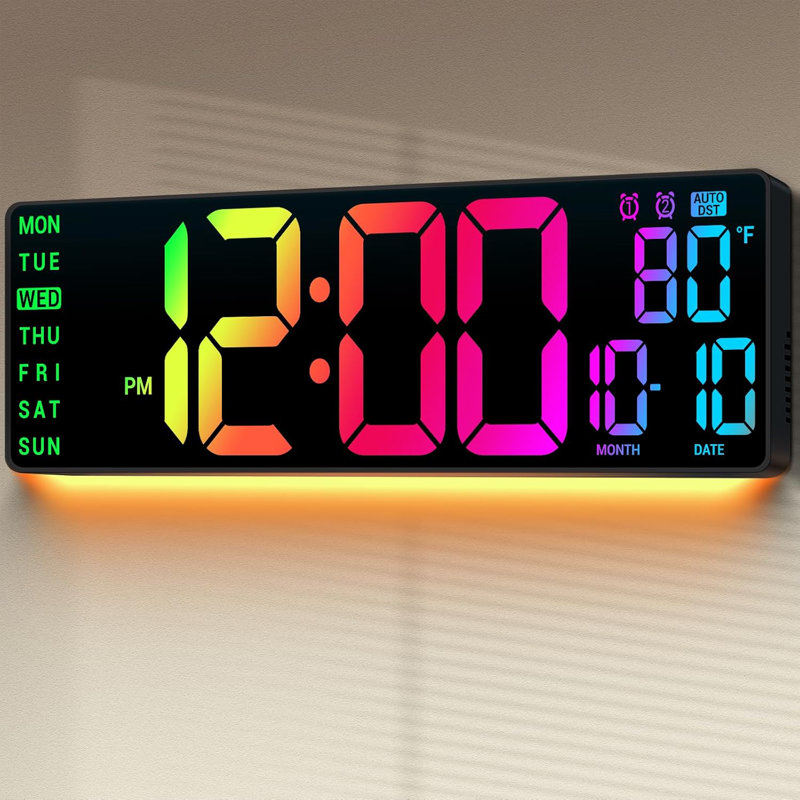 Grande horloge murale numérique 16,5 po: horloge murale décorative 11 couleurs RVB pour le salon
