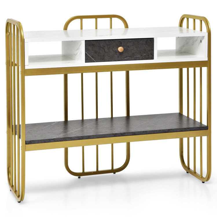 White Faux Marble and Gold Metal Console Table with Storage