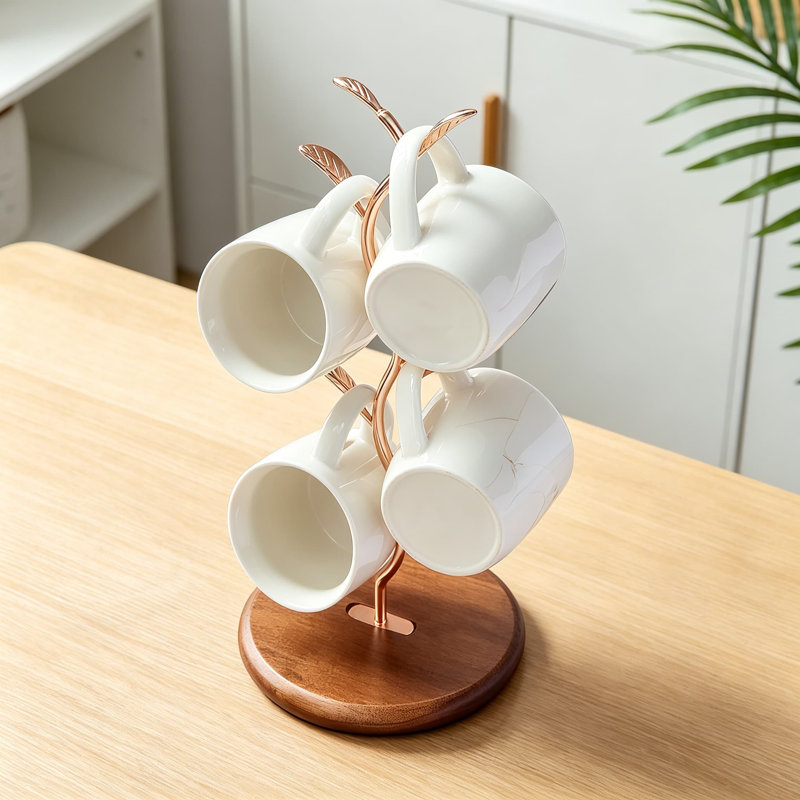 Porte-gobelet en forme de feuille pour porte-gobelet pour le comptoir, organisateur de cuisine à base de bois, peut contenir 4 tasses