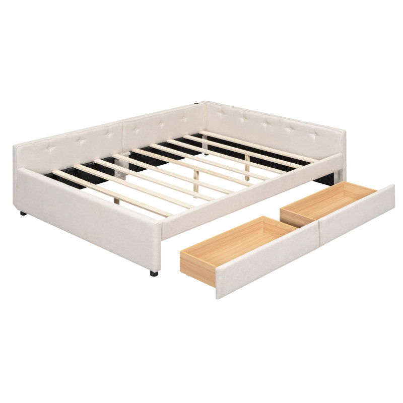 Grand lit plateforme tapissier avec port USB et 2 tiroirs, beige
