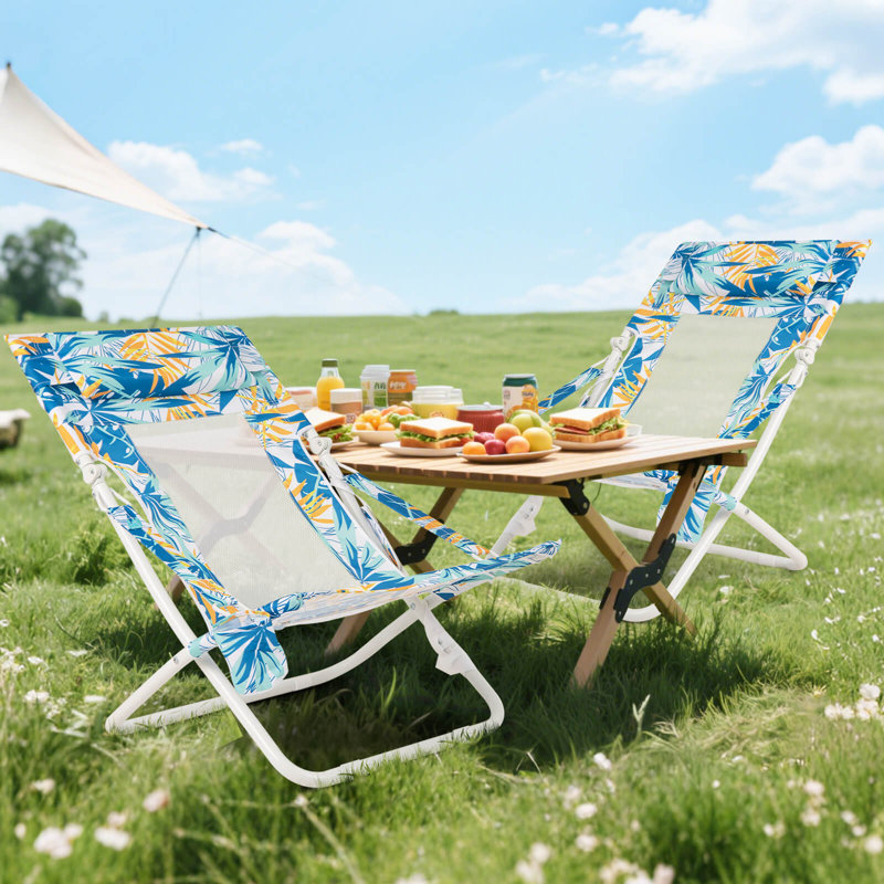 Folding Low Beach Chair, Set of 2 with Padded Head Pillow, Mesh Back, Cup Holder Blue, Blue/White/Yellow Floral