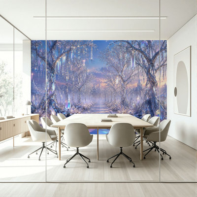 Décoration murale adhésive grand format, idéale pour les familles et les locataires : Forêt d'hiver cristalline, arbres givrés, féerie bleue et blanche, sans résidus, amovible, résistante à l'huile et aux taches, pour la cuisine, le salon, la chambre et la chambre d'enfant.
