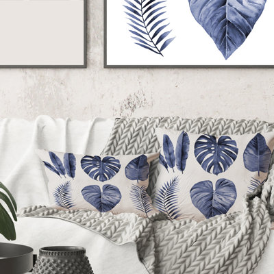 Rectangle, feuilles d'aquarelle tropicales bleues I - Coussin Farmhouse