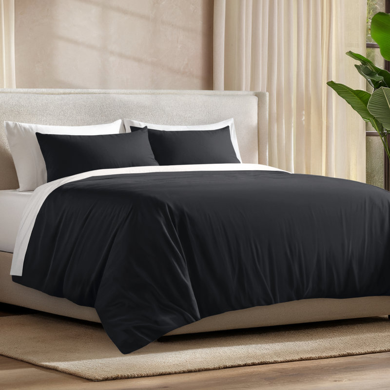 Ensemble de couette en rayonne de bambou, Noir, Housse de couette pour grand lit et 2 taies décor