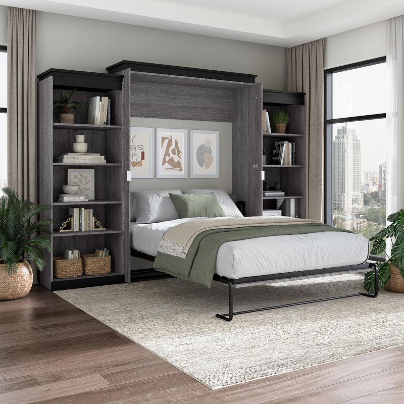Ailed 126W Queen Murphy Bed with 2 Shelving Units, Bark Gray