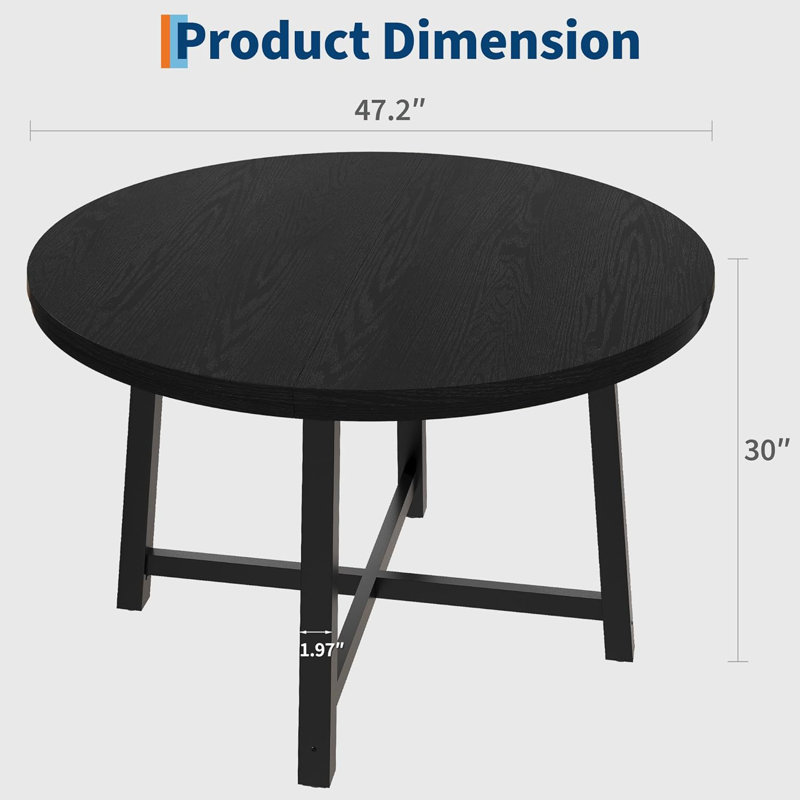 Table de salle à manger 47 "ronde en bois avec cadre pour cuisine et salle à manger, 4 sièges, Noir