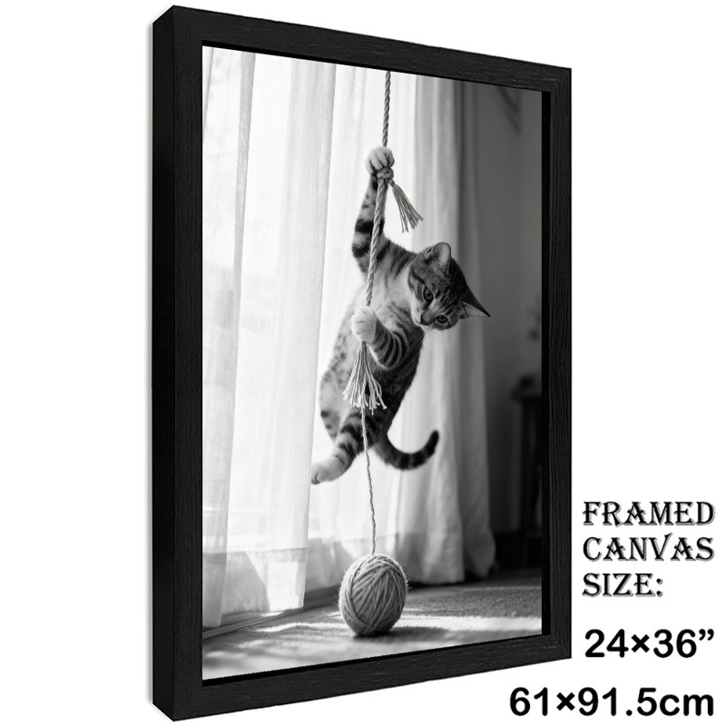 Reproduction d'art encadrée noire rétro sur fond gris par chats, H 37 po x l 25 po