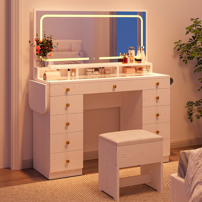 46’’ L Large Modern Style Makeup Vanity Desk With Mirror, LED Lights And Power Outlet, 11-Drawer Vanity Set With Stool, White