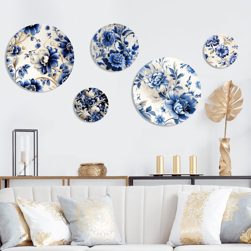 Cobalt Blue and White Floral Metal Wall Art Set of 5 Panels
