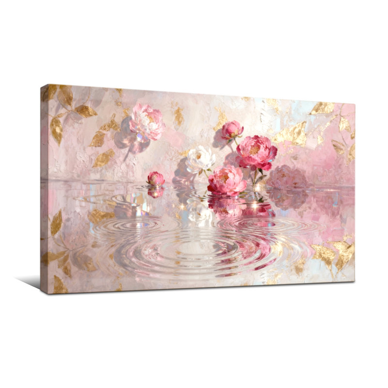 Plantes et fleurs, roses roses, feuilles d'or, art de la réflexion de l'eau, H 16 po x l 32 po