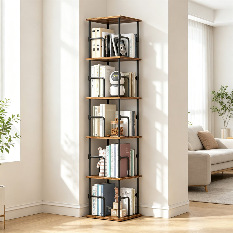 5-Tier Rotating Bookshelf – Freestanding Corner Bookcase with Rails, Industrial Style Storage Rack for Living Room & Bedroom