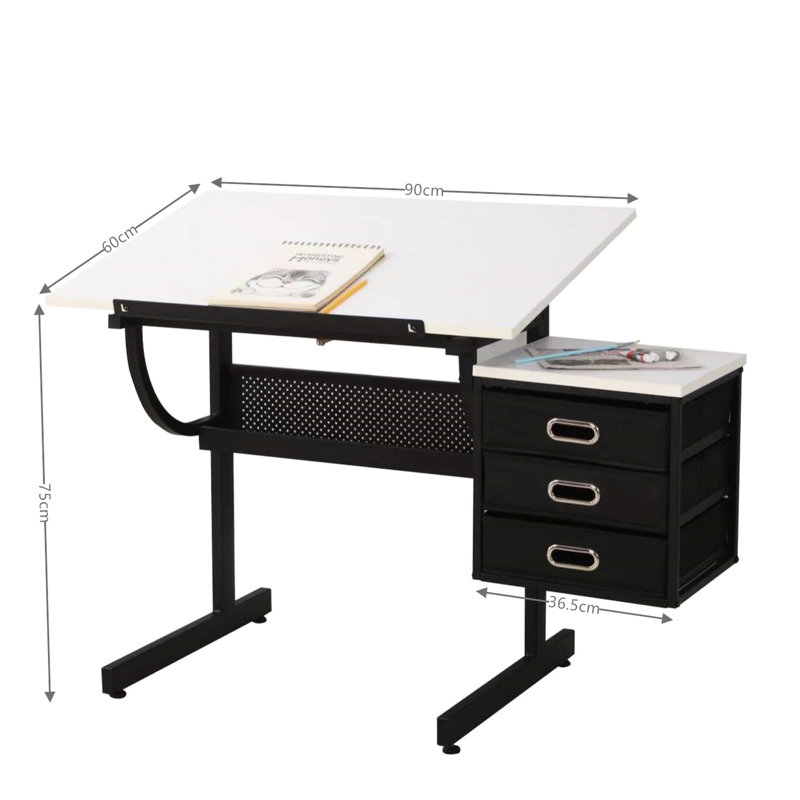 Table à dessin blanche avec 3 tiroirs et tabouret, robuste pour les expressions artistiques réglables et blanches, créations variées
