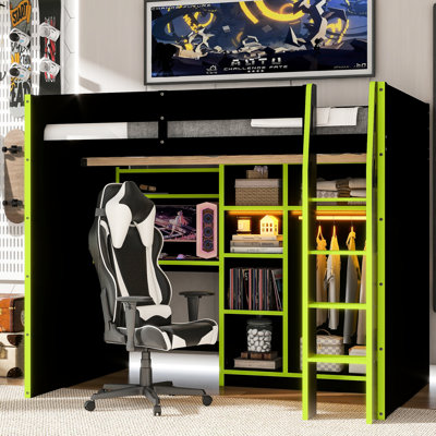 Full Size Loft Bed With Desk, Lights, And Storage For Gamers Home Users Open Wardrobe Office