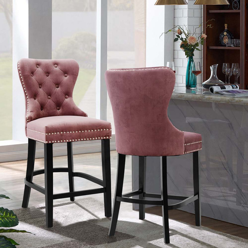 Hanska Upholstered Counter Stool with Solid Wood Frame, Pink
