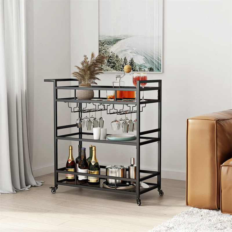 Black Metal 3-Tier Bar Cart with Glass Shelves and Wine Rack