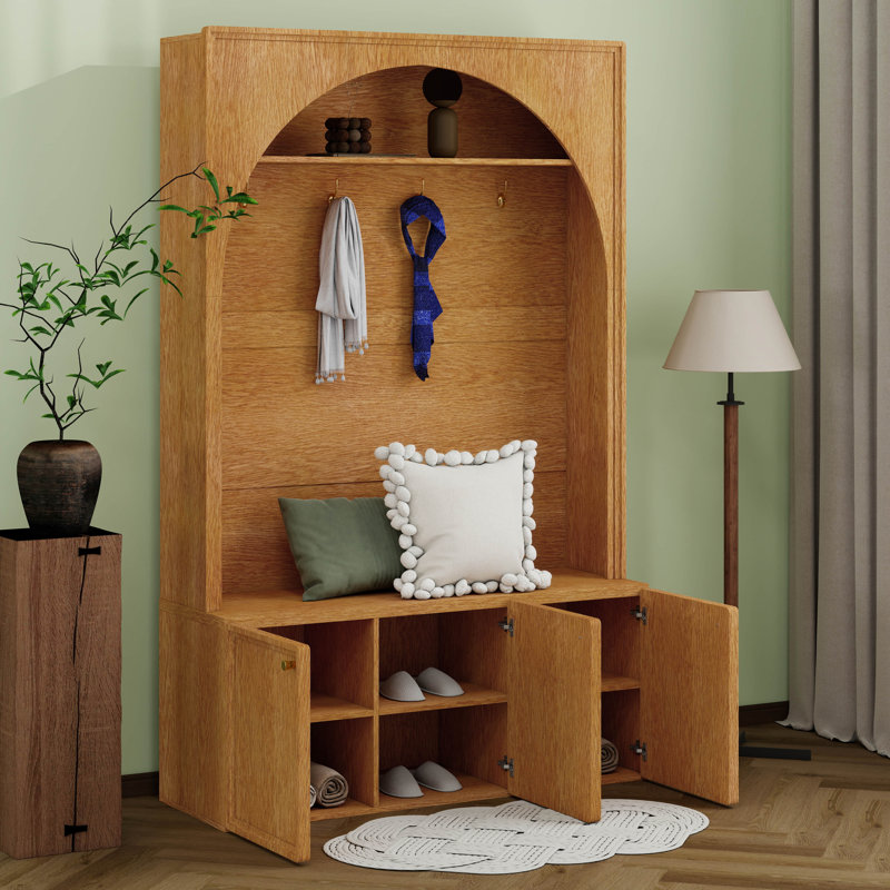 Entryway Hall Tree With Storage Bench, Adjustable Shelves, Arched Coat Rack With 4 Golden Hooks And 3 Cabinets, Natural/Teak