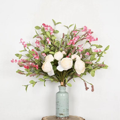 24" Artificial Spring Summer Peony Wildflower Berry Floral Arrangement In Vase, Farmhouse Greenery Foliage Branch Long Stem Floral Bulk Bouquet For Wedding Party Home Office Table Centerpiece Shelf Decorations