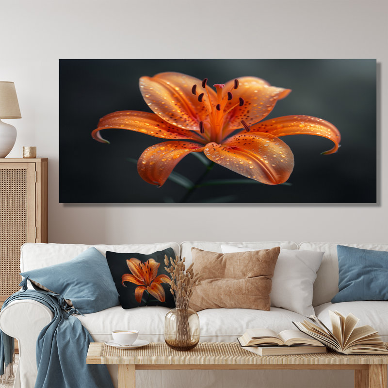 Orange orange, lis noir, photo de printemps IV - lys, art mural, H 28 po x l 60 po, Toile tendue