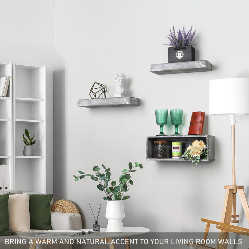 3-Piece Farmhouse Floating Shelves Set – Wall-Mounted Solid Wood Bathroom Shelf with Toilet Paper Holder, Rustic Grey Storage & Décor