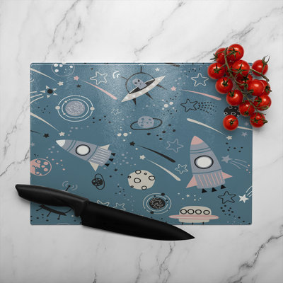 Spaceships And Planets With Stars Glass Chopping Board