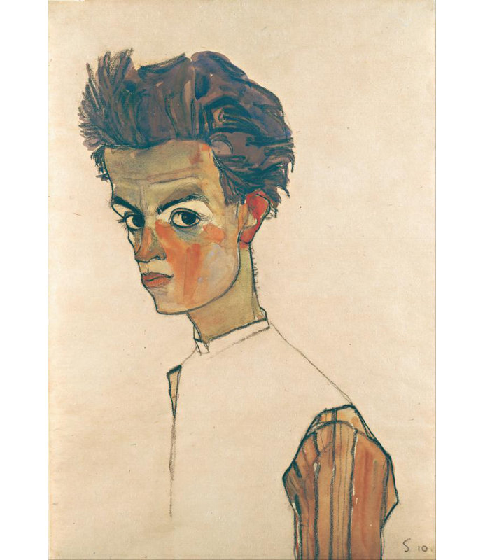 "Autoportrait avec une chemise rayée" par Egon Schiele - Art mural sur toile tendue avec châssis, H 18 po x l 14 po
