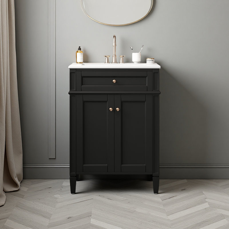 Meuble-lavabo 24 po avec 2 portes et tiroir escamotable, armoire de rangement de salle de bain avec lavabo, portes à fermeture en douceur avec organisateurs