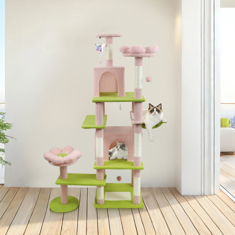 Arbre à chat 71 pouces avec grand coussin de fleurs amovible et hamac
