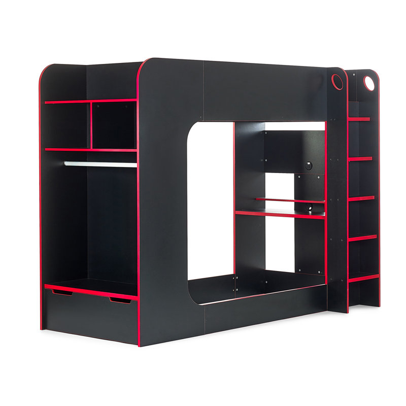 Grider 90 x 190 cm Standard Bunk Bed with Built-in-Desk, Black/Red