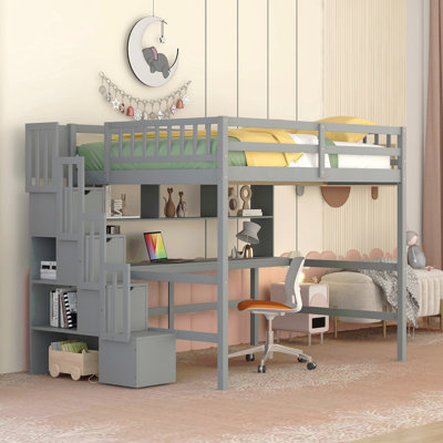 Lit mezzanine double avec bureau, tablettes de rangement et escalier