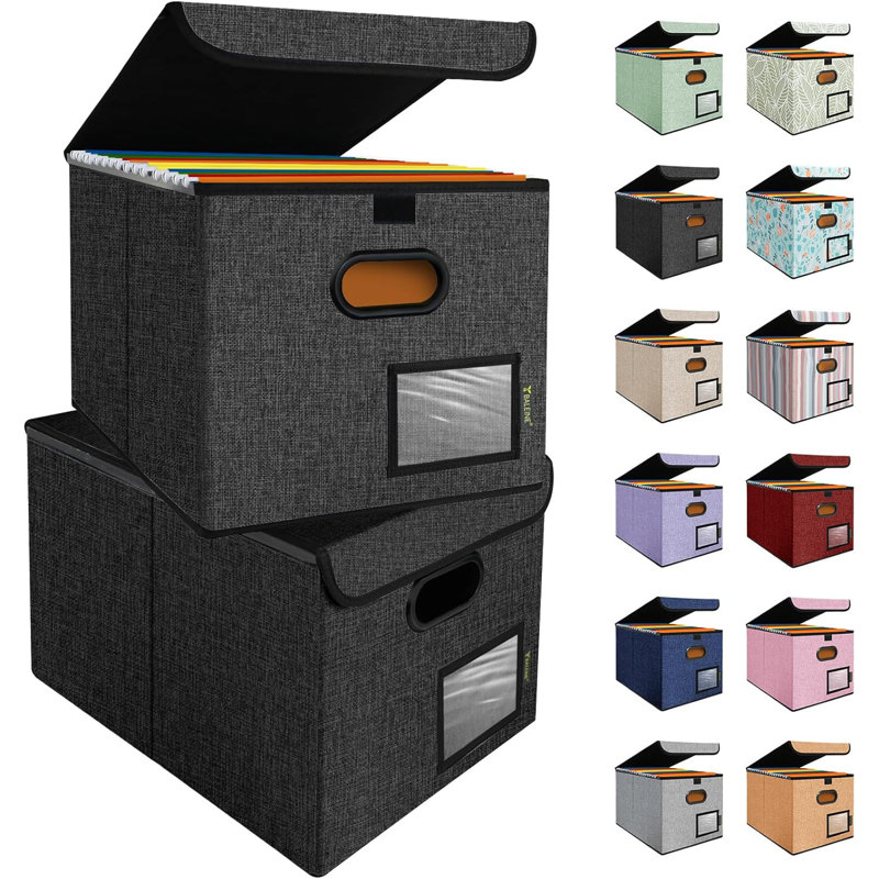 2 Pack Foldable Folder Storage Boxes with Lid and Plastic Slides