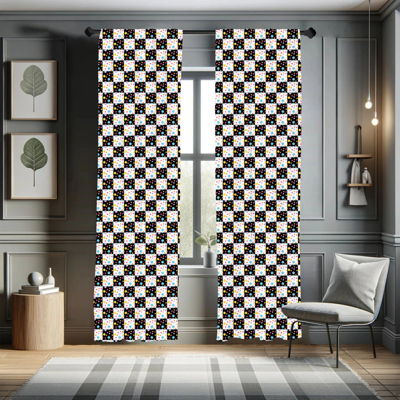 Colorful Checkered Semi-Sheer Rod Pocket Curtain Panels, 28" W x 95" L